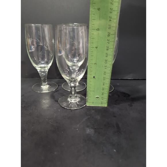 Footed Vintage Glass Juice Set, Floral Etched Blown Glass, UV Reactive, Set of 4 - Picture 8 of 10